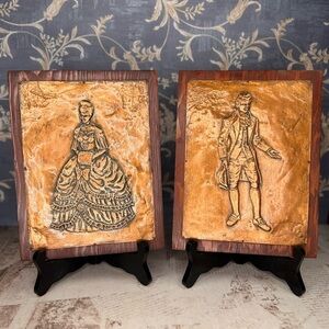 Vintage Copper Relief Wall Plaques Colonial Man & Woman on Wood (Pair)